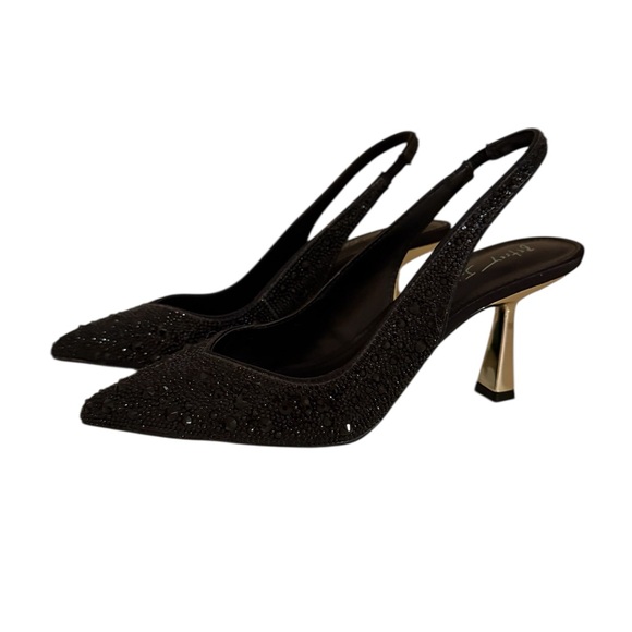 Betsey Johnson Shoes - Betsey Johnson Black Rhinestone Slingback Kitten Heels with Silver Heels